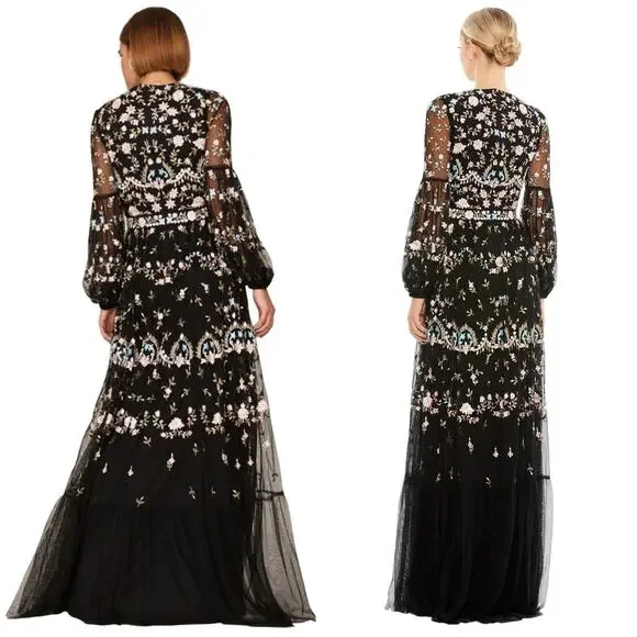 Mac Duggal NWT Floral Embellished Embroidered Gown Blouson Sleeves Size 6 Black
